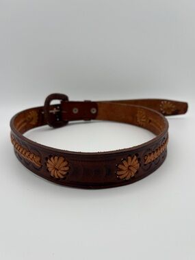 Tooled Leather Western Belt Brown Braided Floral Sz 32 Cowboy